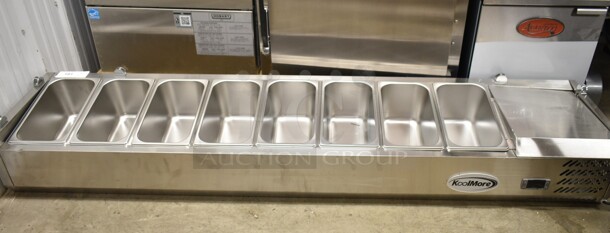 BRAND NEW SCRATCH AND DENT! 2023 KoolMore SCDC-8P-SG Stainless Steel Commercial 71 In. Eight Pan Refrigerated Countertop Condiment Prep Station. Does Not Have Sneeze Guard. 115 Volts, 1 Phase. Tested and Powers On But Does Not Get Cold - Image 2 of 6