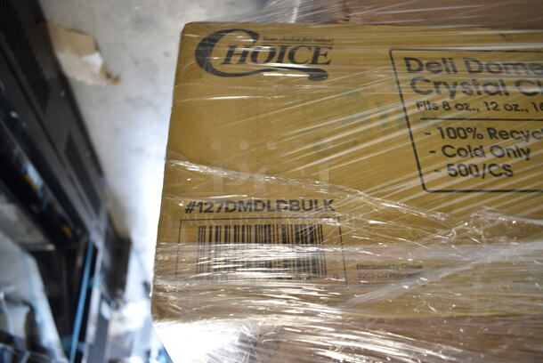 PALLET LOT of 22 BRAND NEW Boxes Including 248WIPERHJRW Lavex 12" x 12" White Heavy Weight Industrial Wiper Jumbo Roll - 475/Roll, 12218X1HD Choice 18" x 1000' Food Service Heavy-Duty Aluminum Foil Roll, 127DMDLDBULK Choice Ultra Clear PET Plastic Round Deli Container Dome Lid - 500/Case, 500L38400FSB 38/400 Smooth Black Lid with Foam Liner - 2900/Case, 5 Lancaster Table and Seating 164SEATRDWAL Walnut Chair Seat, 3 Box 612605070 Choice Full Size Foil Steam Table Pan Deep 3 3/8" Depth - Full Size Deep - 50/Case, 2 Box 433NHT101 Choice 1/6 Standard Size White "Thank You" Standard-Duty Plastic T-Shirt Bag - 700/Case, 129MCR32W Choice 32 oz. White 7 1/4" Round Microwavable Heavy Weight Container with Lid - 150/Case, 395RP09 EcoChoice Compostable Sugarcane / Bagasse 9" Plate - 500/Case. 22 Times Your Bid! - Image 6 of 12