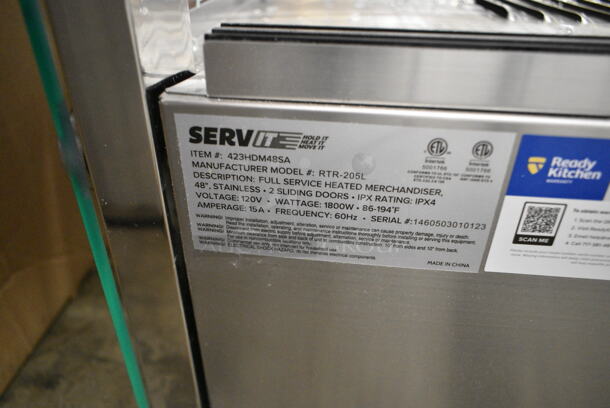 BRAND NEW SCRATCH AND DENT! ServIt 423HDM48SA Stainless Steel Commercial 48" Self / Full Service 3 Shelf Countertop Heated Display Case with Sliding Doors. See Pictures for Damage. 115 Volts, 1 Phase. Tested and Working! - Image 7 of 7