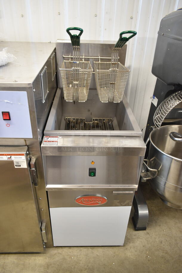 BRAND NEW SCRATCH AND DENT! 2023 Avantco 177EF40C Stainless Steel Commercial Floor Style Electric Powered Deep Fat Fryer w/ 2 Metal Fry Baskets. 208 Volts.  - Image 2 of 6