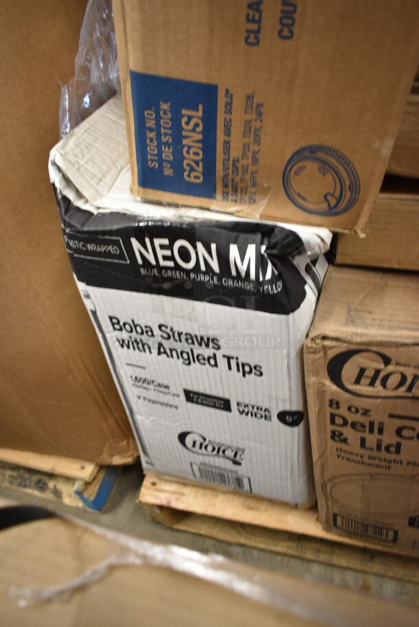 PALLET LOT of 27 BRAND NEW Boxes Including Boba Straws w Angled Tops, 2 Box of 475WHDOLLY Lavex Black Slim Trash Can Dolly, Solo 626NSL Prima PET Plastic Cold Cup Strawless Lid - 1000/Case, 2 Box 128HD8COMBO ChoiceHD 8 oz. Microwavable Translucent Plastic Deli Container and Lid Combo Pack - 240/Case, 127RD16BULK Choice 16 oz. Customizable Microwavable Translucent Round Deli Container - 500/Case, 130WFORK Choice Medium Weight White Plastic Fork - 1000/Case, 128HD16COMBO ChoiceHD 16 oz. Microwavable Translucent Plastic Deli Container and Lid Combo Pack - 240/Case, 347SLWG12 Visions 12 oz. Heavy Weight Clear Plastic Stemless Wine Glass - 64/Case, 394345L Noble NexGen Powder-Free Disposable Black Hybrid 3 Mil Thick Gloves - Large - 1000/Case, 60HT1 White Foam Hinged Lid Container, Dart 10CPBQR Quiet Classic 10 1/4" 3 Compartment Black Laminated Round Foam Plate - 500/Case, 500CC32P Choice Clear PET Plastic Cold Cup - 32 oz. - 500/Case, XY-FMS2 Blister Packaging,  612POB225LBC Choice 2.25 lb. Oblong Foil Take-Out Container with Dome Lid - 250/Case. 27 Times Your Bid! - Image 2 of 12