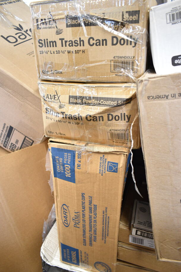 PALLET LOT of 27 BRAND NEW Boxes Including Boba Straws w Angled Tops, 2 Box of 475WHDOLLY Lavex Black Slim Trash Can Dolly, Solo 626NSL Prima PET Plastic Cold Cup Strawless Lid - 1000/Case, 2 Box 128HD8COMBO ChoiceHD 8 oz. Microwavable Translucent Plastic Deli Container and Lid Combo Pack - 240/Case, 127RD16BULK Choice 16 oz. Customizable Microwavable Translucent Round Deli Container - 500/Case, 130WFORK Choice Medium Weight White Plastic Fork - 1000/Case, 128HD16COMBO ChoiceHD 16 oz. Microwavable Translucent Plastic Deli Container and Lid Combo Pack - 240/Case, 347SLWG12 Visions 12 oz. Heavy Weight Clear Plastic Stemless Wine Glass - 64/Case, 394345L Noble NexGen Powder-Free Disposable Black Hybrid 3 Mil Thick Gloves - Large - 1000/Case, 60HT1 White Foam Hinged Lid Container, Dart 10CPBQR Quiet Classic 10 1/4" 3 Compartment Black Laminated Round Foam Plate - 500/Case, 500CC32P Choice Clear PET Plastic Cold Cup - 32 oz. - 500/Case, XY-FMS2 Blister Packaging,  612POB225LBC Choice 2.25 lb. Oblong Foil Take-Out Container with Dome Lid - 250/Case. 27 Times Your Bid! - Image 3 of 12