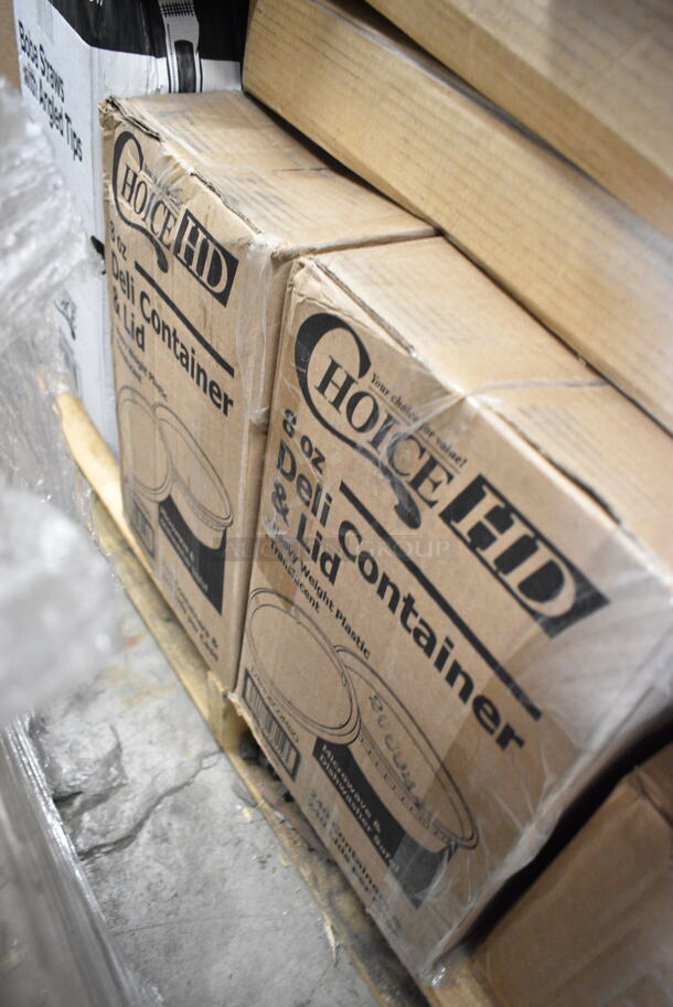 PALLET LOT of 27 BRAND NEW Boxes Including Boba Straws w Angled Tops, 2 Box of 475WHDOLLY Lavex Black Slim Trash Can Dolly, Solo 626NSL Prima PET Plastic Cold Cup Strawless Lid - 1000/Case, 2 Box 128HD8COMBO ChoiceHD 8 oz. Microwavable Translucent Plastic Deli Container and Lid Combo Pack - 240/Case, 127RD16BULK Choice 16 oz. Customizable Microwavable Translucent Round Deli Container - 500/Case, 130WFORK Choice Medium Weight White Plastic Fork - 1000/Case, 128HD16COMBO ChoiceHD 16 oz. Microwavable Translucent Plastic Deli Container and Lid Combo Pack - 240/Case, 347SLWG12 Visions 12 oz. Heavy Weight Clear Plastic Stemless Wine Glass - 64/Case, 394345L Noble NexGen Powder-Free Disposable Black Hybrid 3 Mil Thick Gloves - Large - 1000/Case, 60HT1 White Foam Hinged Lid Container, Dart 10CPBQR Quiet Classic 10 1/4" 3 Compartment Black Laminated Round Foam Plate - 500/Case, 500CC32P Choice Clear PET Plastic Cold Cup - 32 oz. - 500/Case, XY-FMS2 Blister Packaging,  612POB225LBC Choice 2.25 lb. Oblong Foil Take-Out Container with Dome Lid - 250/Case. 27 Times Your Bid! - Image 4 of 12