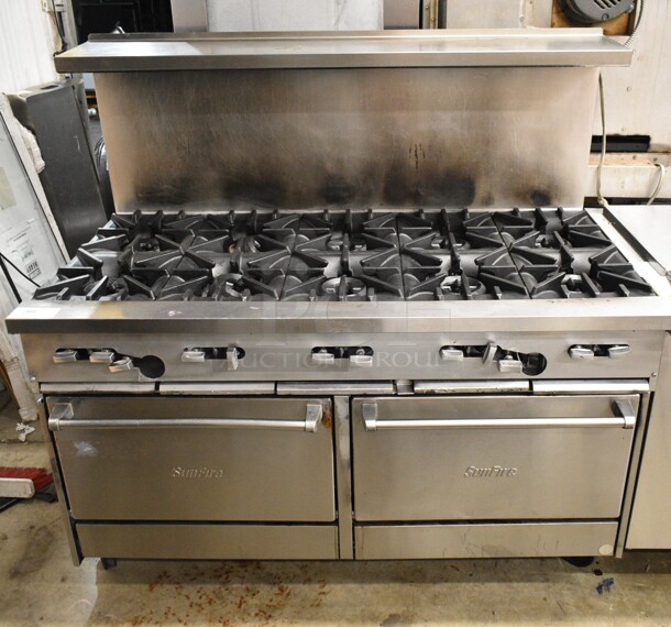 Garland X60-10RR SunFire Stainless Steel Commercial Natural Gas Powered 10 Burner Range w/ 2 Ovens, Over Shelf and Back Splash on Commercial Casters.  - Image 1 of 8