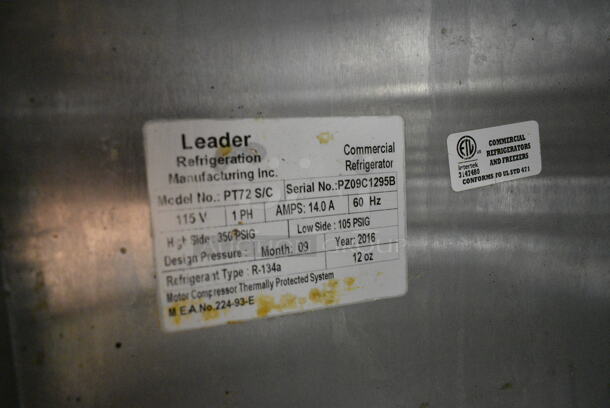 2016 Leader PT72 S/C Stainless Steel Commercial Pizza Prep Table on Commercial Casters. 115 Volts, 1 Phase. Tested and Working! - Image 8 of 8