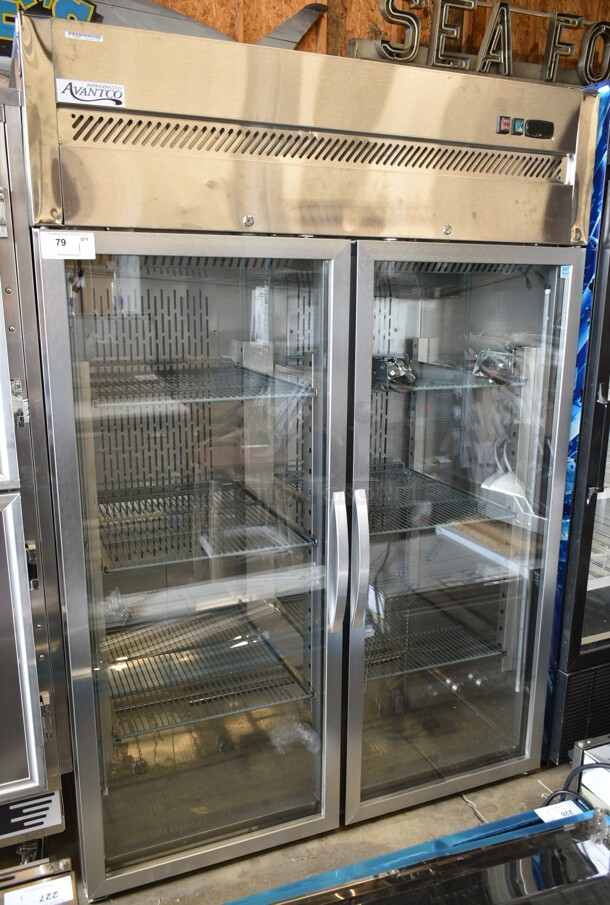 BRAND NEW SCRATCH AND DENT! 2023 Avantco 178Z2RGHC Stainless Steel Commercial 2 Door Reach In Cooler Merchandiser w/ Poly Coated Racks and Commercial Casters. 115 Volts, 1 Phase. Tested and Working! - Image 2 of 6