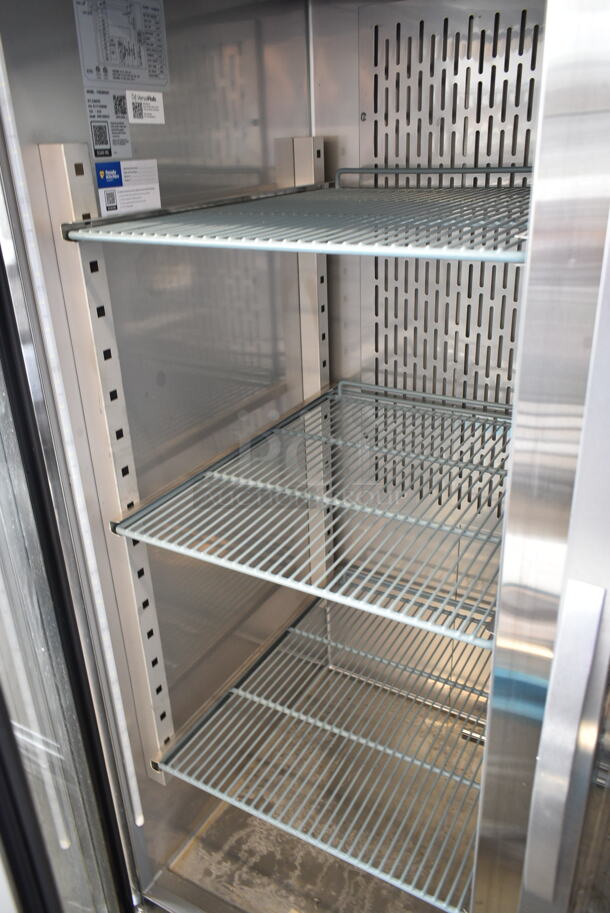 BRAND NEW SCRATCH AND DENT! 2023 Avantco 178Z2RGHC Stainless Steel Commercial 2 Door Reach In Cooler Merchandiser w/ Poly Coated Racks and Commercial Casters. 115 Volts, 1 Phase. Tested and Working! - Image 5 of 6