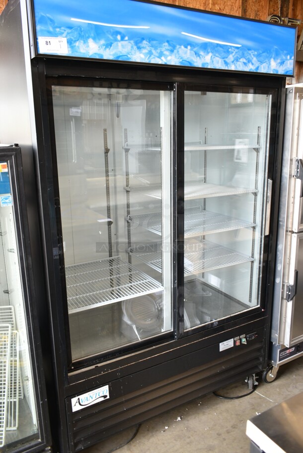 LIKE NEW! Avantco 178GDS47HCB Metal Commercial 2 Door Reach In Cooler Merchandiser w/ Poly Coated Racks on Commercial Casters. 115 Volts, 1 Phase. Tested and Working! - Image 2 of 7