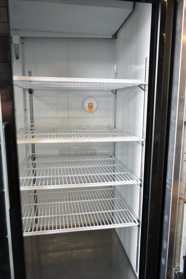 LIKE NEW! Avantco 178GDS47HCB Metal Commercial 2 Door Reach In Cooler Merchandiser w/ Poly Coated Racks on Commercial Casters. 115 Volts, 1 Phase. Tested and Working! - Image 4 of 7