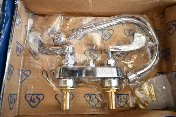 BRAND NEW SCRATCH AND DENT! T&S B-1141-XSCR4V15 Deck Mounted Workboard Faucet with 4" Centers, 5 3/4" Gooseneck Spout, 1.5 GPM Aerator, Cerama Cartridges, and Wrist Action Handles - Image 2 of 3