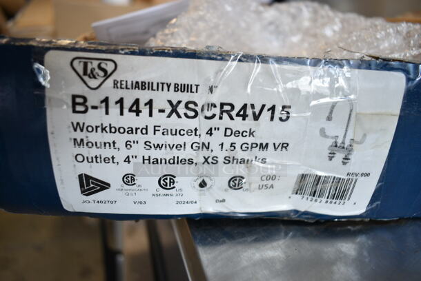 BRAND NEW SCRATCH AND DENT! T&S B-1141-XSCR4V15 Deck Mounted Workboard Faucet with 4" Centers, 5 3/4" Gooseneck Spout, 1.5 GPM Aerator, Cerama Cartridges, and Wrist Action Handles - Image 3 of 3