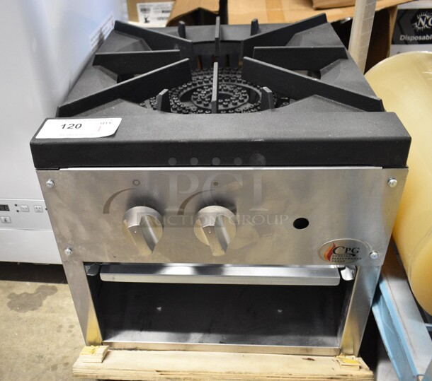 BRAND NEW SCRATCH AND DENT! Cooking Performance Group CPG 351CPGSP18N Stainless Steel Commercial Countertop Natural Gas Powered Single Burner Stock Pot Range. 80,000 BTU.  - Image 3 of 7