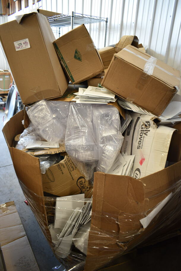 PALLET LOT of 25 BRAND NEW Boxes Including 500CC05 Choice 5 oz. Clear PET Plastic Cold Cup - 2500/Case, 500CC10 Choice 10 oz. Clear PET Plastic Cold Cup - 1000/Case, 130SVKNF50 Visions 7 1/2" Flared Heavy Weight Silver Plastic Knife - 50/Pack,GET B-42-FM French Mill 1.3 Qt. Irregular Bowl - 12/Case. 25 Times Your Bid! - Image 1 of 12