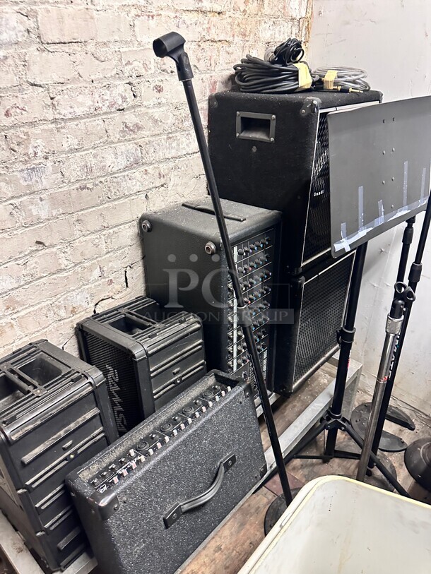 One Lot Of Music Instrument With Speakers and Power Mixer Working - Image 1 of 10