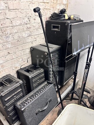 One Lot Of Music Instrument With Speakers and Power Mixer Working