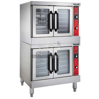 2 BRAND NEW SCRATCH AND DENT! Vulcan VC4ED Stainless Steel Commercial Electric Powered Full Size Convection Oven w/ View Through Doors, Metal Oven Racks and Thermostatic Controls. Does Not Come w/ Legs. 240 Volts, 1/3 Phase. 2 Times Your Bid!