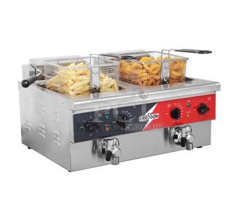 BRAND NEW SCRATCH AND DENT! 2024 Crosson EF-6V-2 Stainless Steel Commercial Countertop Electric Powered 2 Bay Fryer w/ 2 Metal Fry Baskets and 2 Lid. 120 Volts, 1 Phase.