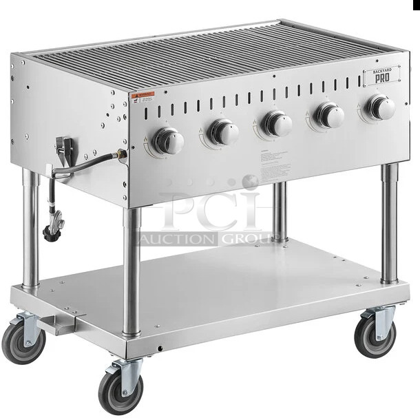BRAND NEW SCRATCH AND DENT! 2022 Backyard Pro 554LPG36 Stainless Steel Commercial Floor Style Propane Gas Powered Outdoor Grill w/ Flat Top Griddle Attachment and Under Shelf on Commercial Casters. - Image 1 of 8