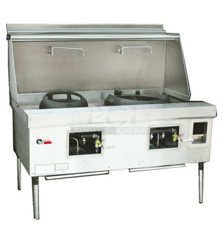 BRAND NEW! Town Y-2-SS-N Stainless Steel Commercial Floor Style Two Chamber Natural Gas Wok Range with 13" Mandarin and 20" Cantonese Chamber. 191,000 BTU