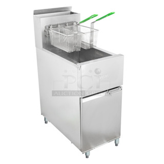 BRAND NEW SCRATCH AND DENT! 2023 Frymaster Dean SR142GN Stainless Steel Commercial Floor Style Natural Gas Powered 35-43 lb. Stainless Steel Floor Fryer w/ 2 Metal Fry Baskets. 105,000 BTU. 