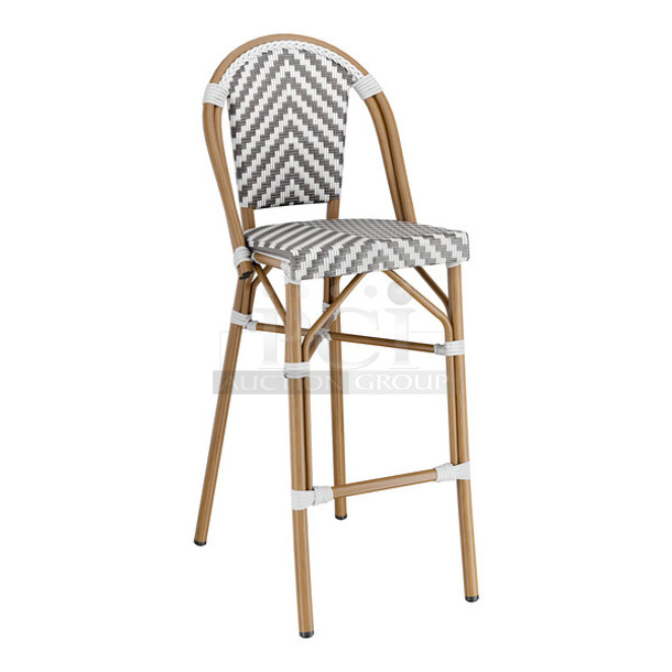 BRAND NEW SCRATCH AND DENT! Lancaster Table & Seating 427BSRTBSGYW Bistro Series Gray and White Chevron Weave Rattan Outdoor Side Barstool - Image 1 of 5
