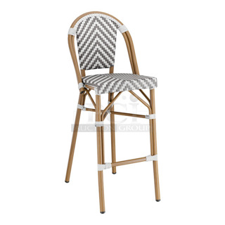 BRAND NEW SCRATCH AND DENT! Lancaster Table & Seating 427BSRTBSGYW Bistro Series Gray and White Chevron Weave Rattan Outdoor Side Barstool