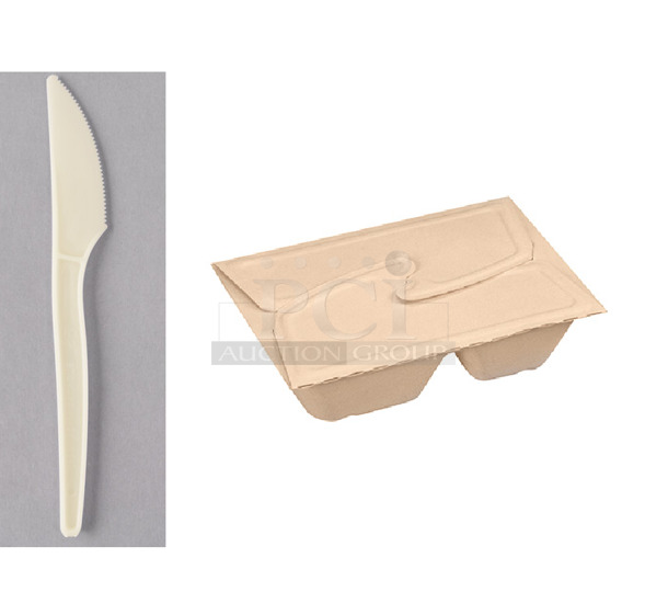 28 BRAND NEW Boxes; 19 of Eco-Products EP-S001 7" Medium Weight Plant Starch Knife - 50/Pack and 9 of 43080320FPC150 Sabert Fiber Kraft Folding Carton 2 Compartment. 28 Times Your Bid!  - Image 1 of 6