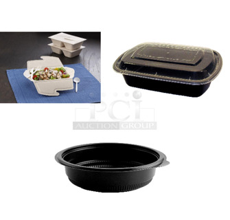 12 BRAND NEW Boxes Including 2 Box Sabert 43080320FPC150 Pulp 32 oz. Folding Carton, 2 Box 
Specialty Quality Packaging MT8350B Microwavable Container, 8" x 6" Oblong Deep, 8 Box Anchor 4607224 7" ROUND BLACK INCREDI-BOWL. 12 Times Your Bid! 