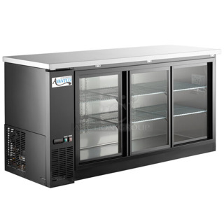 BRAND NEW SCRATCH AND DENT! 2024 Avantco 178UBB72SHC Stainless Steel Commercial 73" Black Counter Height Narrow Sliding Glass Door Back Bar Refrigerator with LED Lighting w/ 2 Beer Towers. 115 Volts, 1 Phase. Tested and Working!