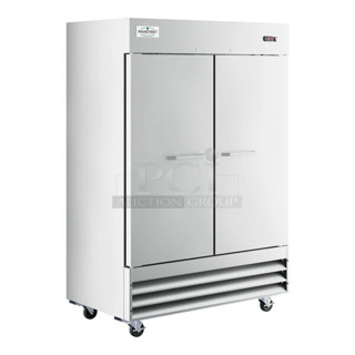 BRAND NEW SCRATCH AND DENT! 2023 Mainstreet 829BMR49F Stainless Steel Commercial 2 Door Reach In Freezer w/ Poly Coated Racks on Commercial Casters. 115 Volts, 1 Phase. Tested and Working!