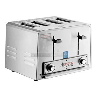 BRAND NEW SCRATCH AND DENT! 2023 Avantco 184THD27240 Stainless Steel Medium-Duty Bread/Bagel Switch 4-Slice Commercial Toaster with Wide 1 1/2" Slot. 240 Volts, 1 Phase. 