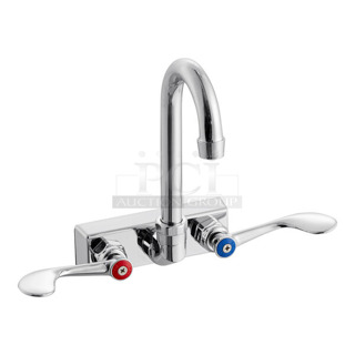 BRAND NEW SCRATCH AND DENT! Regency 600FW44GWH Wall Mount Hand Sink Faucet with 3 1/2" Swivel Gooseneck Spout, 4" Centers, and Wrist Blade Handles