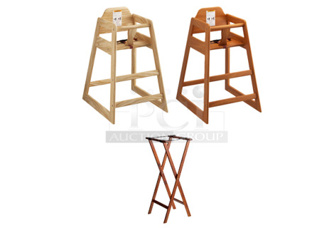3 BRAND NEW SCRATCH AND DENT! Items; Lancaster Table & Seating 164WHCKDNAT Standard Height Wooden High Chair with Natural Finish - Unassembled, Lancaster Table & Seating 164WHCKDWN Standard Height Wooden High Chair with Walnut Finish - Unassembled, Lancaster Table & Seating 164TRST38WAL 38" Walnut Wood Folding Tray Stand. 3 Times Your Bid! 