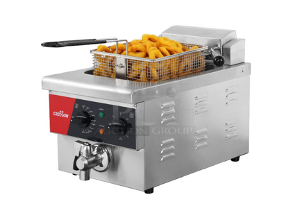 BRAND NEW SCRATCH AND DENT! 2024 Crosson EF-6V Stainless Steel Commercial Countertop Electric Powered Fryer w/ Metal Fry Basket and Lid. 120 Volts, 1 Phase.
