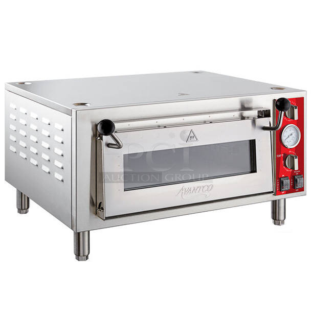 BRAND NEW SCRATCH AND DENT! Avantco 177DPO18S Stainless Steel Commercial Countertop Electric Powered Single Deck Pizza Oven w/ Cooking Stone. 120 Volts, 1 Phase. Tested and Working! - Image 1 of 8