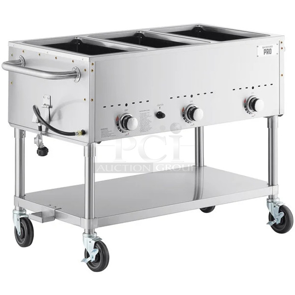 BRAND NEW SCRATCH AND DENT! Backyard Pro 554BPGST3WLP Stainless Steel Commercial Three Pan Open Well Mobile Liquid Propane Outdoor Steam Table with Undershelf. 10,500 BTU - Image 1 of 7