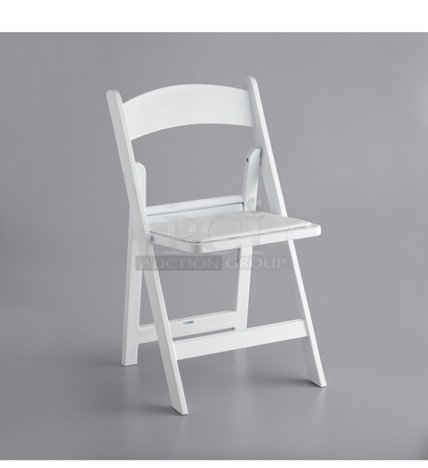 Box of 4 BRAND NEW SCRATCH AND DENT! Lancaster Table & Seating 427FCRVINWHT White Resin Folding Chair with Vinyl Seat - Image 1 of 3