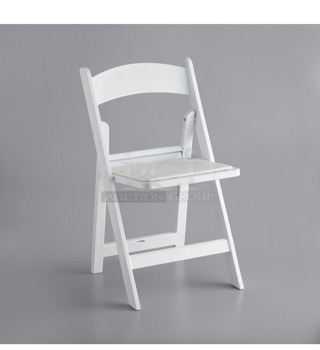 Box of 4 BRAND NEW SCRATCH AND DENT! Lancaster Table & Seating 427FCRVINWHT White Resin Folding Chair with Vinyl Seat