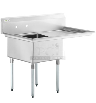 BRAND NEW SCRATCH AND DENT! Regency 600S1242424R 50 1/2" 16 Gauge Stainless Steel One Compartment Commercial Sink with Galvanized Steel Legs and 1 Drainboard - 24" x 24" x 14" Bowl. No Legs. 