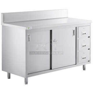 BRAND NEW SCRATCH AND DENT! Regency 600EBTB2460R 24" x 60" 16 Gauge Type 304 Stainless Steel Enclosed Base Sliding Door Table with Drawers and 6" Backsplash