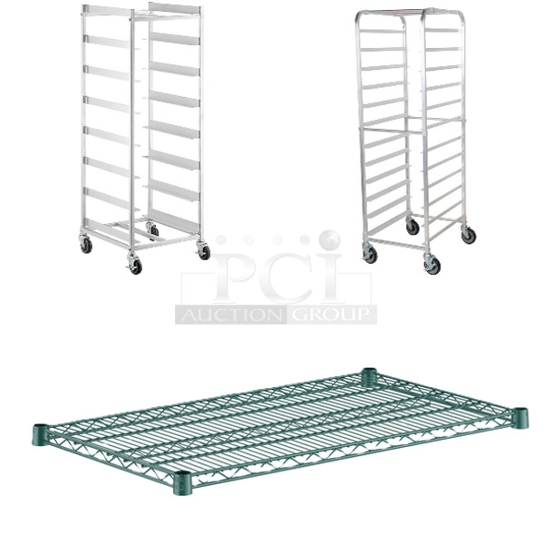3 BRAND NEW SCRATCH AND DENT! Items; 522AGRC8KD Steelton 8 Shelf Aluminum Glass Rack Cart with 8" Spacing, 600PR125K Regency 12 Pan End Load Bun / Sheet Pan Rack - Unassembled and Regency 460EG2136 21" x 36" NSF Green Epoxy Wire Shelf. 3 Times Your Bid! - Image 1 of 5