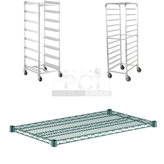 3 BRAND NEW SCRATCH AND DENT! Items; 522AGRC8KD Steelton 8 Shelf Aluminum Glass Rack Cart with 8" Spacing, 600PR125K Regency 12 Pan End Load Bun / Sheet Pan Rack - Unassembled and Regency 460EG2136 21" x 36" NSF Green Epoxy Wire Shelf. 3 Times Your Bid!