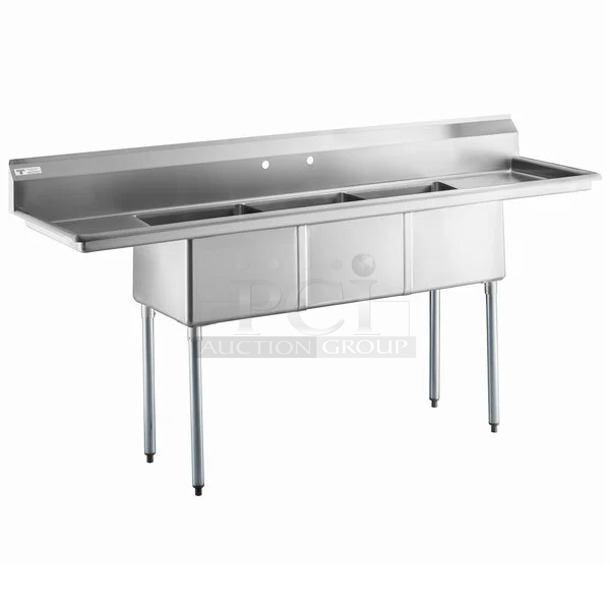BRAND NEW SCRATCH AND DENT! Steelton 522CS31818LR 90" 18-Gauge Stainless Steel Three Compartment Commercial Sink with 2 Drainboards - 18" x 18" x 12" Bowls. No Legs.  - Image 1 of 9