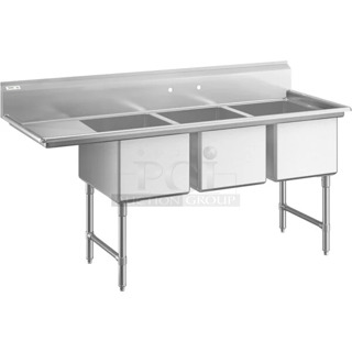 BRAND NEW SCRATCH AND DENT! Regency 600S3182418L 78 1/2" 16-Gauge Stainless Steel Three Compartment Commercial Sink with 1 Drainboard - 18" x 24" x 14" Bowls. No Legs. 