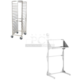 2 BRAND NEW SCRATCH AND DENT! Items; Regency 600PR20316K 20 Pan End Load Stainless Steel Bun / Sheet Pan Rack - Unassembled and Regency 600SALSTAND Salamander Broiler Stand. 2 Times Your Bid! 