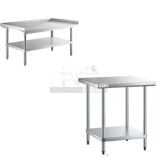2 BRAND NEW SCRATCH AND DENT! Items; Regency 600ESS3048S Spec Line 30" x 48" 14-Gauge Stainless Steel Equipment Stand With Stainless Steel Undershelf and Regency 600T3030G 30" x 30" 18-Gauge 304 Stainless Steel Commercial Work Table with Galvanized Legs and Undershelf. 2 Times Your Bid! 