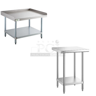 2 BRAND NEW SCRATCH AND DENT! Items Including Regency 600ES3036G 30" x 36" 16-Gauge Stainless Steel Equipment Stand with Galvanized Undershelf and Regency 600TSS2424S Spec Line 24" x 24" 14 Gauge Stainless Steel Commercial Work Table with Undershelf. 2 Times Your Bid! May Be Missing Pieces. 