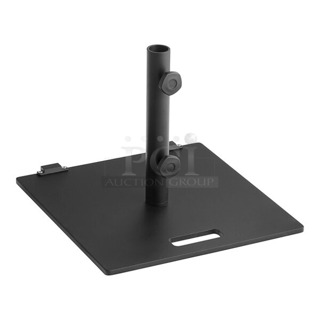 4 BRAND NEW SCRATCH AND DENT! 427BASESTSQW Lancaster Table & Seating 50 lb. Square Black Steel Umbrella Base with Wheels. 4 Times Your Bid! May Be Missing Pieces. 