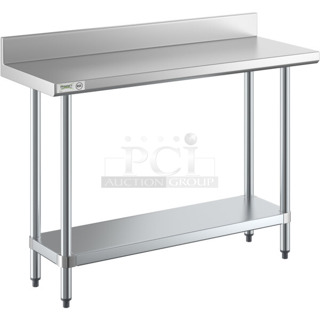 BRAND NEW SCRATCH AND DENT! Regency 600TB1848G 18" x 48" 18-Gauge 304 Stainless Steel Commercial Work Table with 4" Backsplash and Galvanized Undershelf. May Be Missing Pieces. 