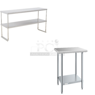2 BRAND NEW SCRATCH AND DENT! Items; Regency 600DOS1860 Stainless Steel Double Deck Overshelf - 18" x 60" x 32" and Steelton 522ETSG2424 24" x 24" 18 Gauge 430 Stainless Steel Work Table with Undershelf. 2 Times Your Bid! 
